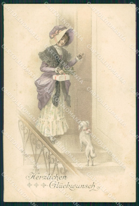 Christmas Greetings Lady and Dog Dondorf serie 477 postcard cartolina QT6376 – fronte
