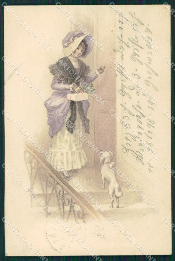 Christmas Greetings Lady and Dog CORNER CREASE Dondorf serie 176 postcard QT6377 – fronte
