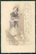 Christmas Greetings Lady and Dog CORNER CREASE Dondorf serie 176 postcard QT6377 – fronte