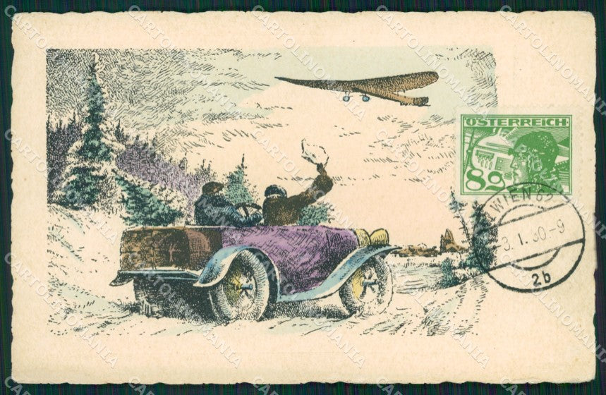 Couple Car Plane CORNER CREASE postcard cartolina QT6385 – fronte