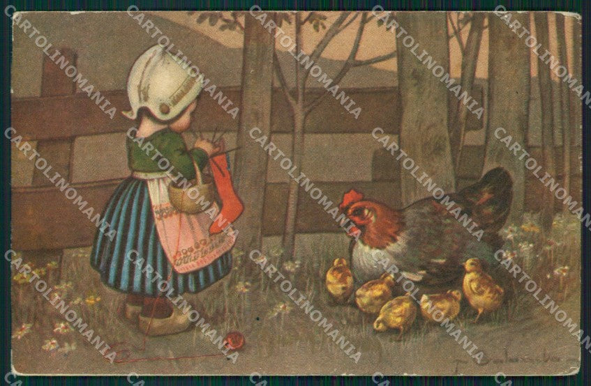 Colombo Art Deco Dutch Girl Easter Greetings ABRADED postcard cartolina QT6424 – fronte