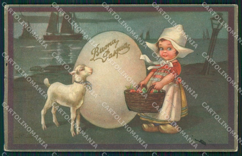 Colombo Art Deco Dutch Girl Easter Greetings SOFT CORNER CREASES postcard QT6431 – fronte
