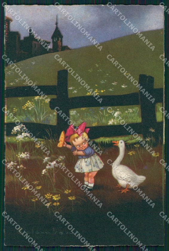 Colombo Art Deco Little Girl and Goose serie 1740 postcard cartolina QT6461 – fronte