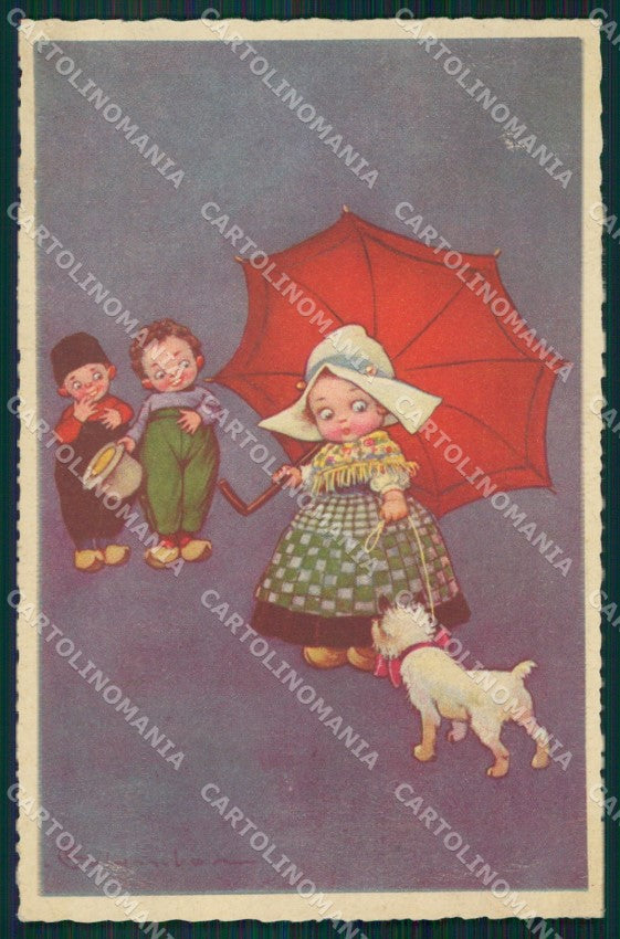Colombo Art Deco Dutch Children Dog Umbrella serie 1905 postcard QT6574 – fronte