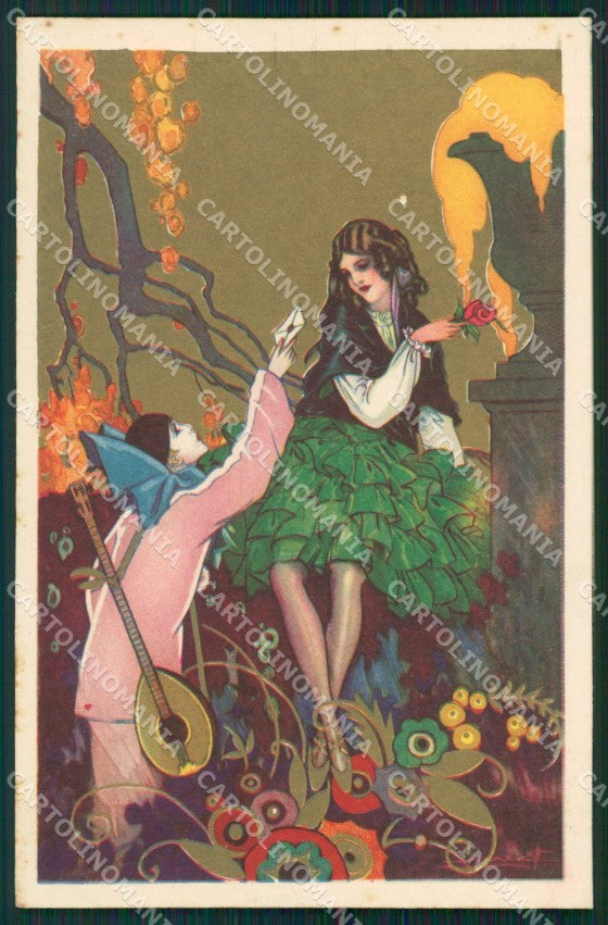 Busi Italian Art Deco Lady and Pierrot Degami serie 2074 postcard QT6668 – fronte