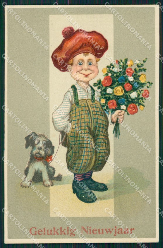 Boy Dog and Flowers relief H W B serie 8113 postcard cartolina QT6819 – fronte