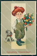 Boy Dog and Flowers relief H W B serie 8113 postcard cartolina QT6819 – fronte