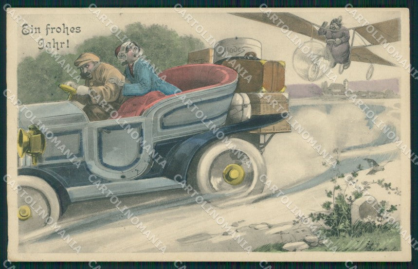 Romantic Couple Car Airplane CORNER CREASES Vienne serie 167 postcard QT6892 – fronte