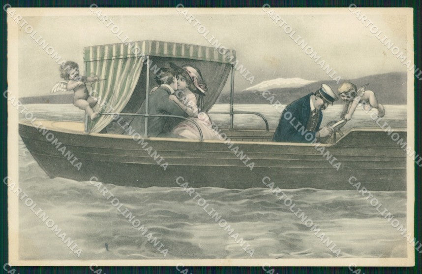 Kissing Romantic Couple Cupid Vienne serie 167 postcard cartolina QT6893 – fronte