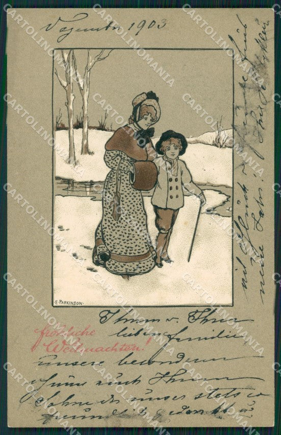 Ethel Parkinson Christmas New Year Lady Boy MM Vienne 165 postcard QT6961 – fronte