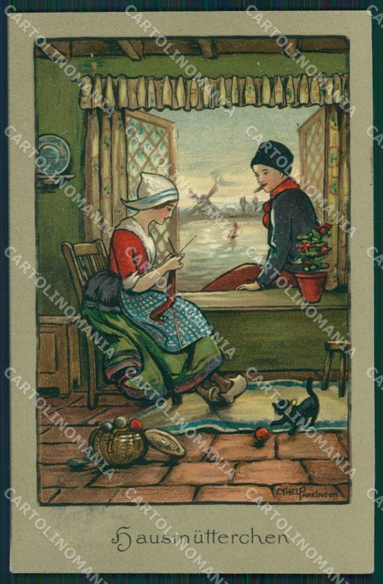 Ethel Parkinson Dutch Couple and Black cat Dondorf serie 489 postcard QT7024 – fronte