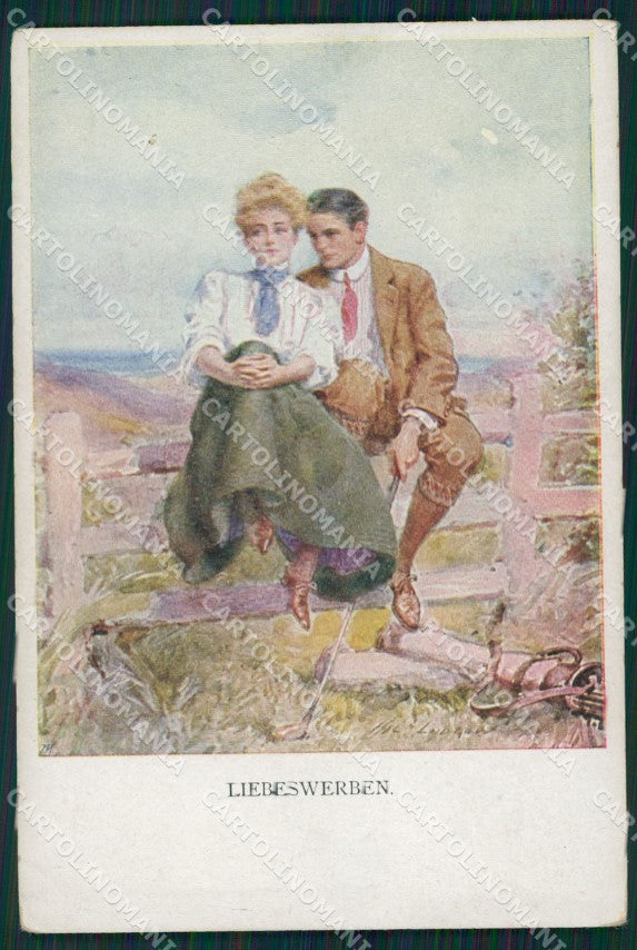 Romantic Couple Golf Sport signed MM Wien 1125 postcard cartolina QT7131 – fronte