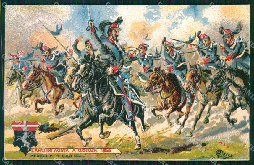Militari VI Reggimento Lancieri di Aosta Custoza Cervi cartolina QT7950 – fronte