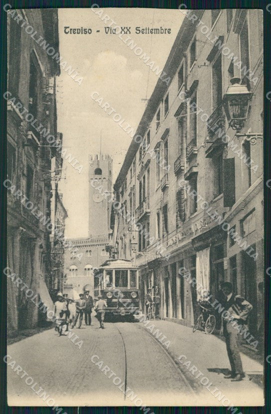 Treviso città Via XX Settembre Tram RIFILATA cartolina QT8103 – fronte