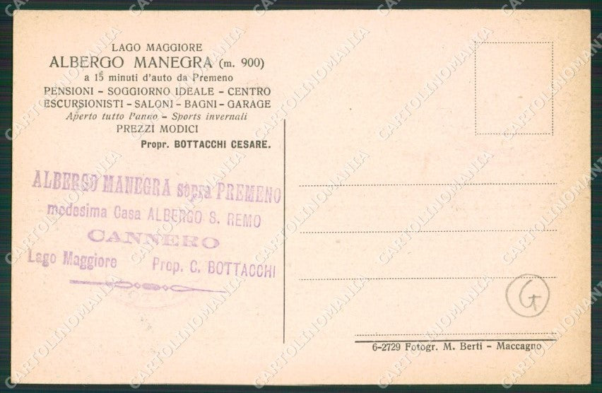 Verbania Oggebbio Manegra Alpe cartolina QZ1920 – retro