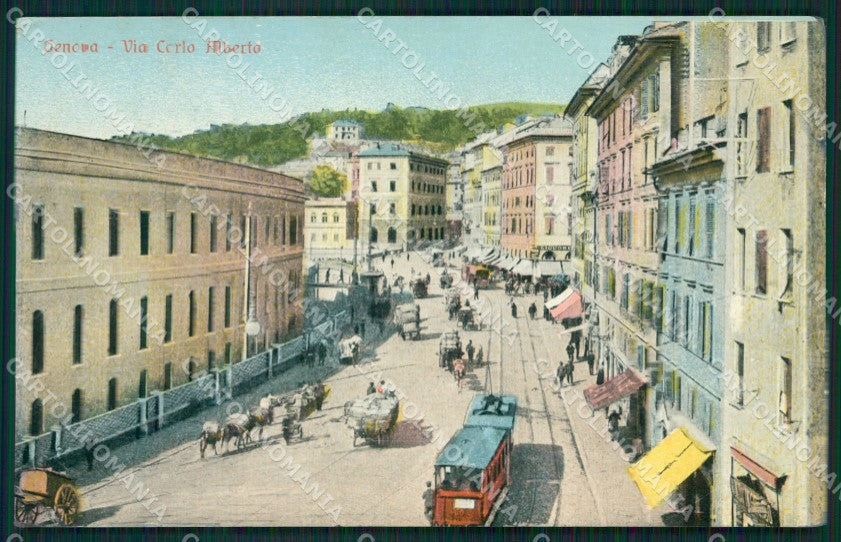 Genova Città Via Carlo Alberto Tram Carretti ABRASA PIEGHE cartolina QZ5036 – fronte
