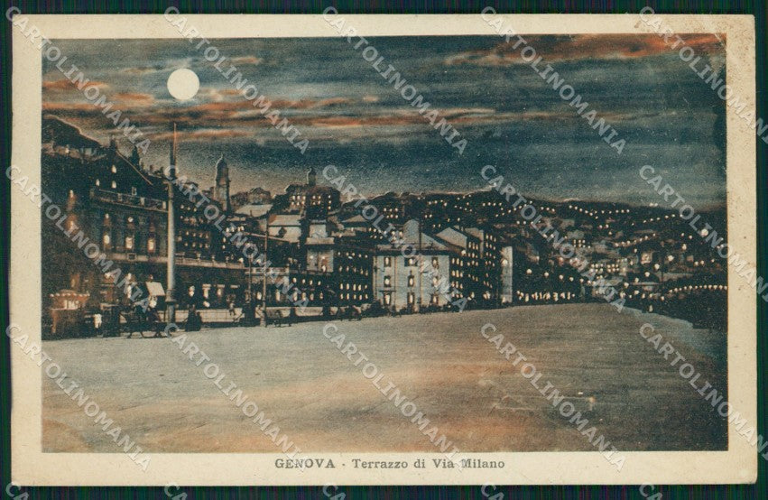 Genova Città Terrazzo Via Milano Chiaro di Luna PIEGHINE cartolina QZ5745 – fronte