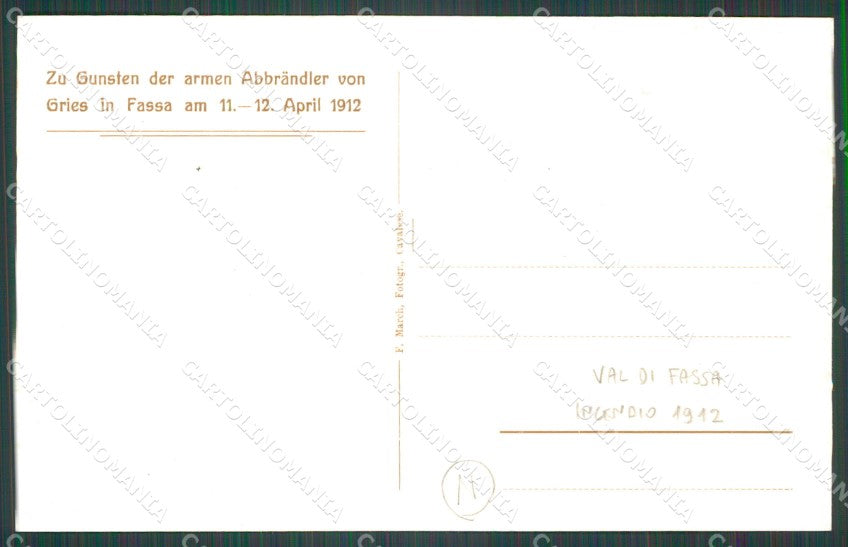Trento Canazei Val di Fassa Incendio 1912 cartolina QZ9751 – retro