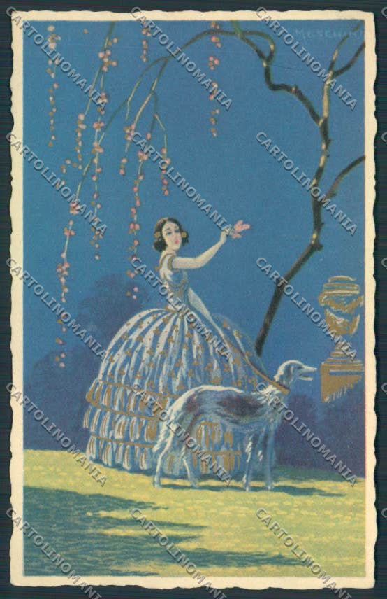 Art Deco Meschini Borzoi dog postcard cartolina RB4261 – fronte