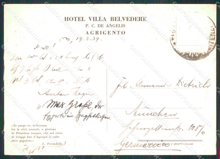 Agrigento Città Tempio della Concordia Pirandello FG cartolina RB5495 – retro