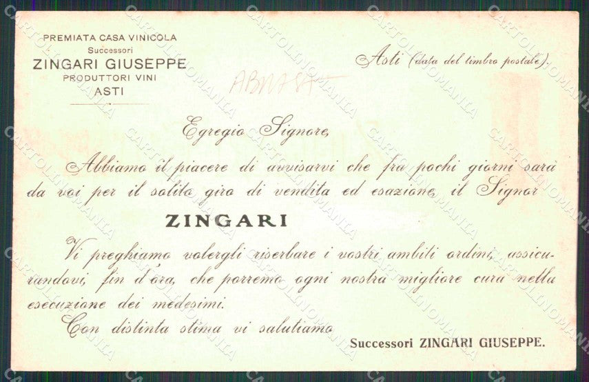Asti Città Premiata Casa Vinicola Pubblicitaria ABRASA cartolina RB5535 – retro