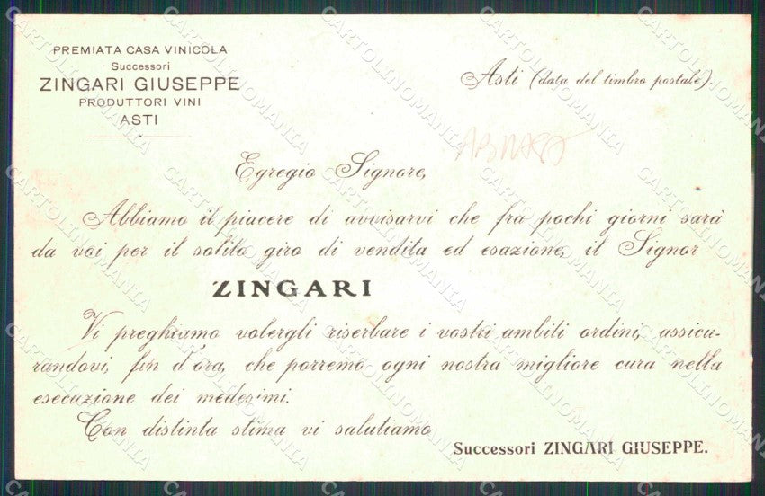 Asti Città Premiata Casa Vinicola Pubblicitaria ABRASA cartolina RB5536 – retro