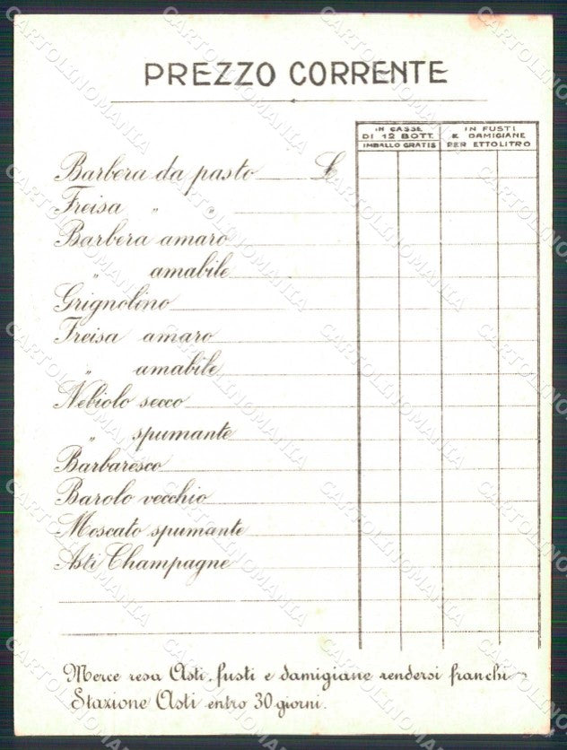 Asti Città Vini da Pasto Listino Prezzi Pubblicitaria FG cartolina RB5538 – retro