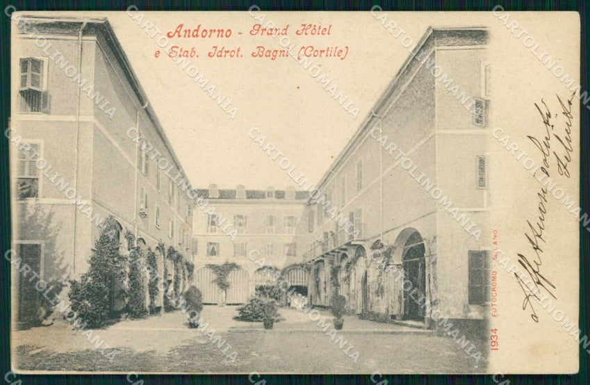 Biella Andorno Micca Grand Hotel Bagni Cortile Fotocromo 1934 cartolina RB5552 – fronte