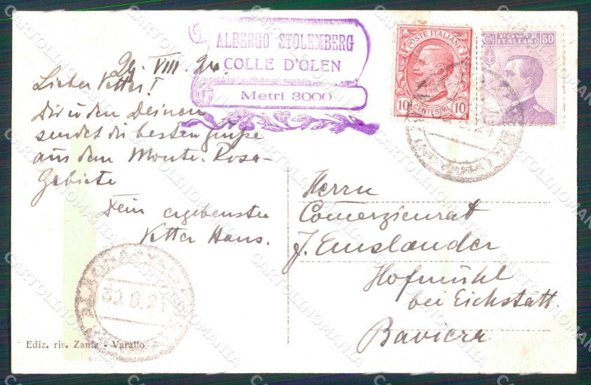 Vercelli Alagna Valsesia Albergo Stolemberg Colle d'Olen Zanfa cartolina RB5599 – retro