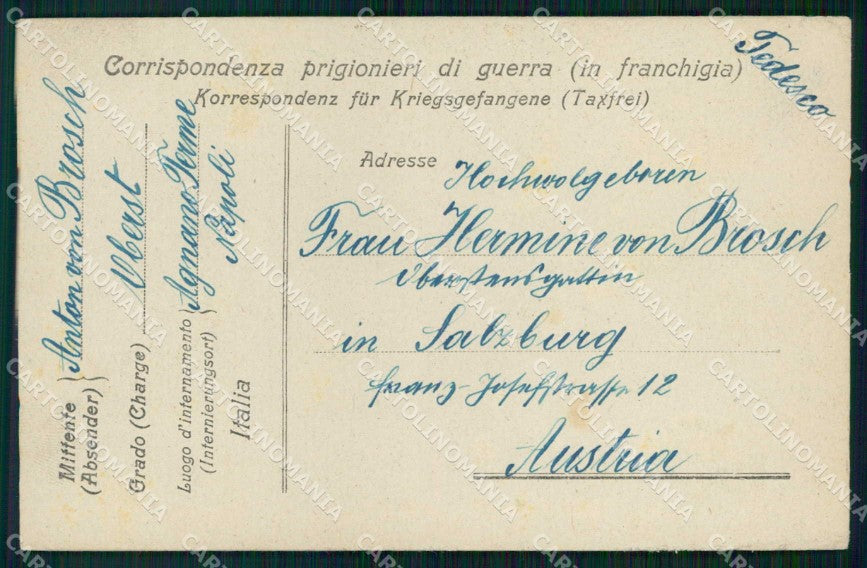 Napoli Agnano Terme Prigionieri di Guerra WWI Franchigia cartolina RB5733 – fronte