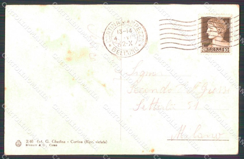 Belluno Cortina d'Ampezzo Monumento Generale Cantore Alpini cartolina RB6564 – retro