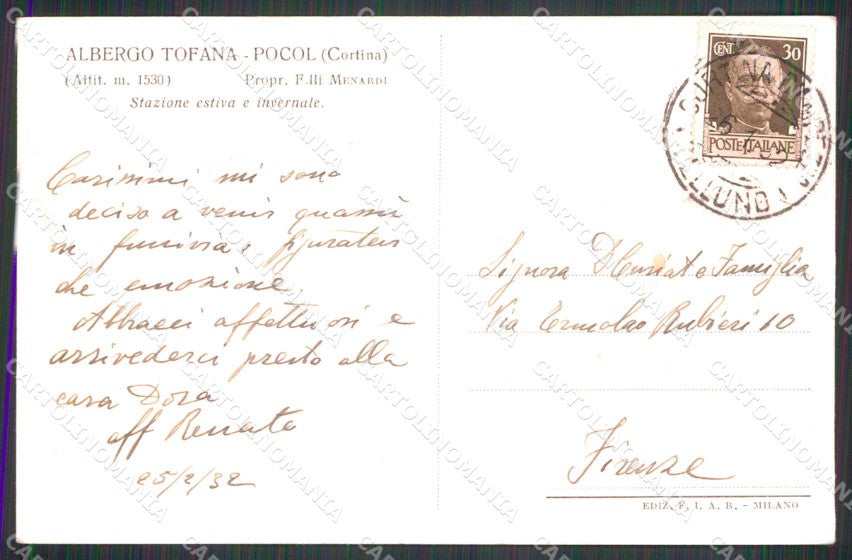 Belluno Cortina d'Ampezzo Albergo Tofana Pocol cartolina RB6581 – retro