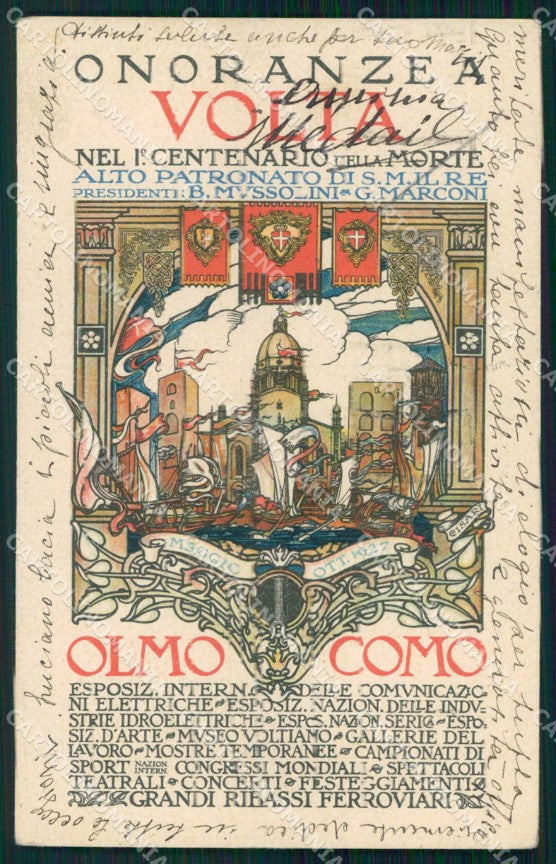 Como Città Onoranze Volta Cisari Mussolini Marconi cartolina RB6632 – fronte