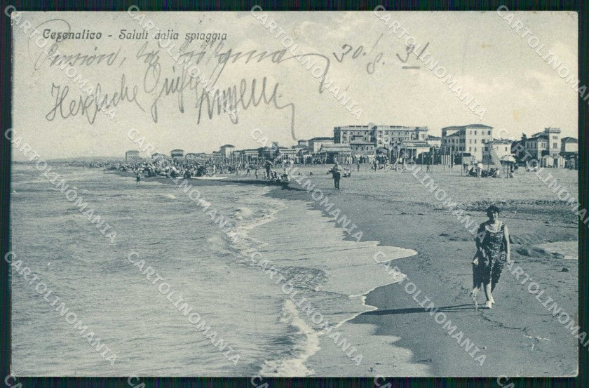 Forlì Cesenatico Saluti dalla Spiaggia RIFILATA FORO cartolina RB6726 – fronte