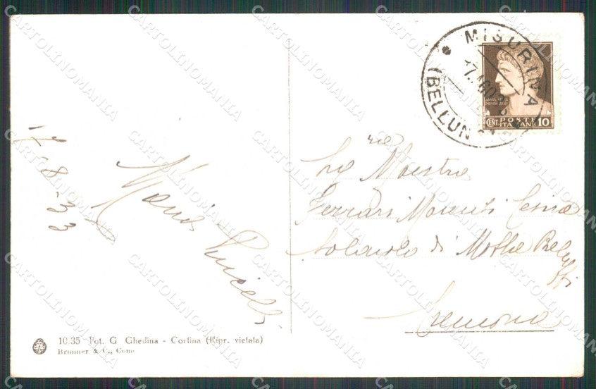 Belluno Auronzo di Cadore Misurina Guglia De Amicis Brunner cartolina RB8908 – retro