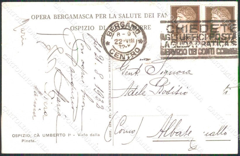Bergamo Piazzatorre Ospizio Cà Umberto I ABRASA Foto cartolina RT0228 – retro