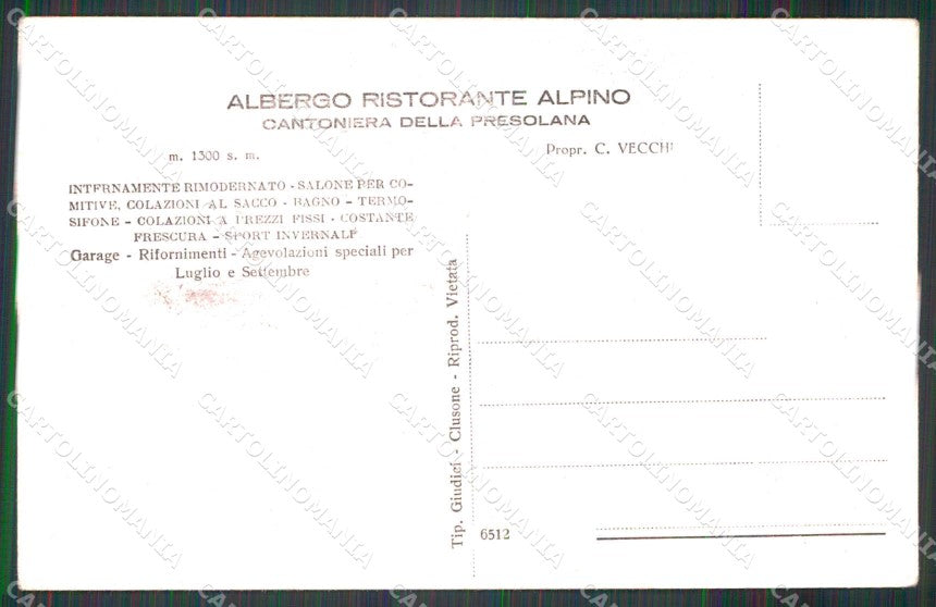 Bergamo Cantoniera della Presolana Albergo Ristorante Alpino cartolina RT0269 – retro