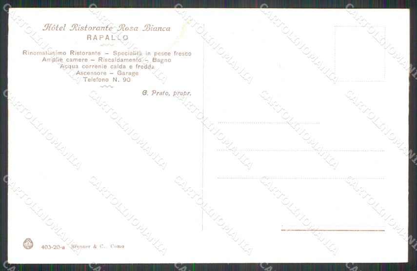 Genova Rapallo Hotel Ristorante Rosa Bianca Brunner 403/20 cartolina RT0498 – retro