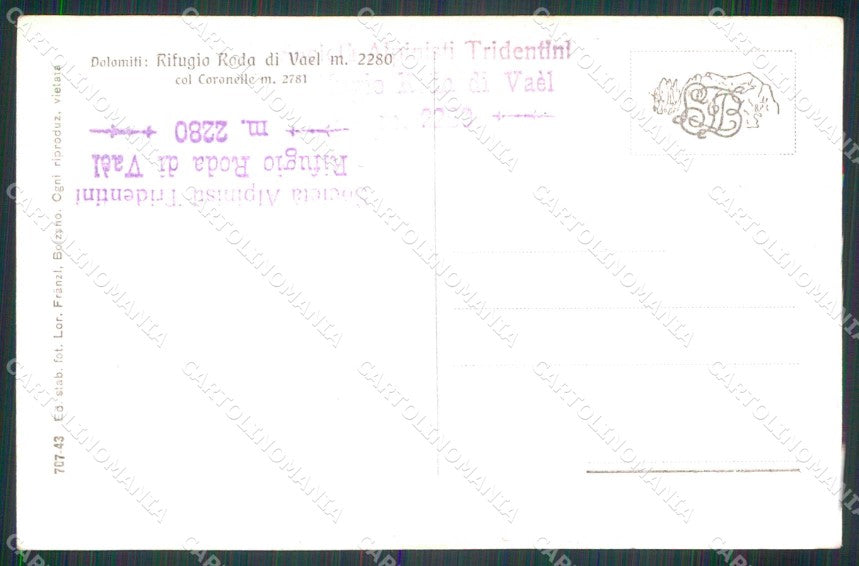 Trento Vigo di Fassa Rifugio Roda di Vael Franzl 707/43 Foto cartolina RT0826 – retro