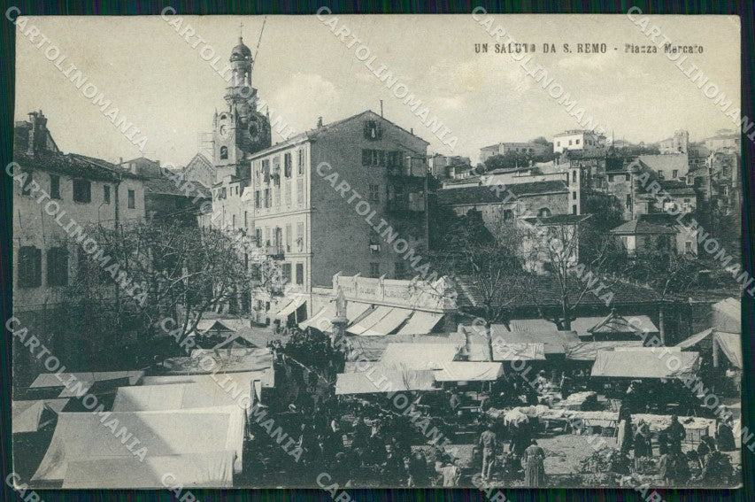 Imperia Sanremo Saluto da Piazza Mercato PIEGHE cartolina RT0899 – fronte