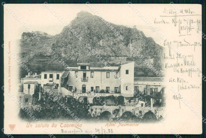 Messina Taormina Saluto da Hotel Naumachie Trenkler cartolina RT0908 – fronte