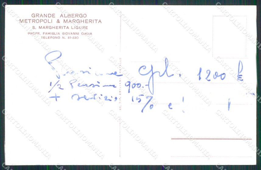 Genova Santa Margherita Ligure Albergo Metropoli e Margherita cartolina RT1226 – retro