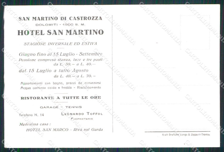 Trento San Martino di Castrozza Hotel San Martino cartolina RT1688 – retro