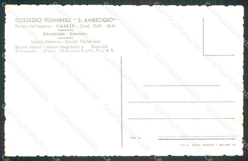 Varese Città Collegio Femminile Sant'Ambrogio cartolina RT1847 – retro