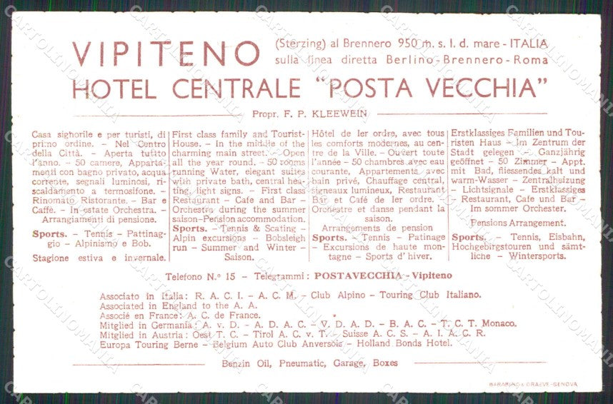 Bolzano Vipiteno Hotel Centrale Posta Vecchia Lenhart cartolina RT1867 – retro