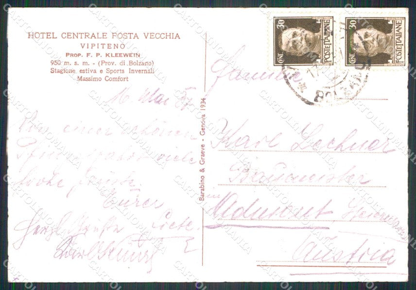 Bolzano Vipiteno Hotel Centrale Posta Vecchia cartolina RT1868 – retro