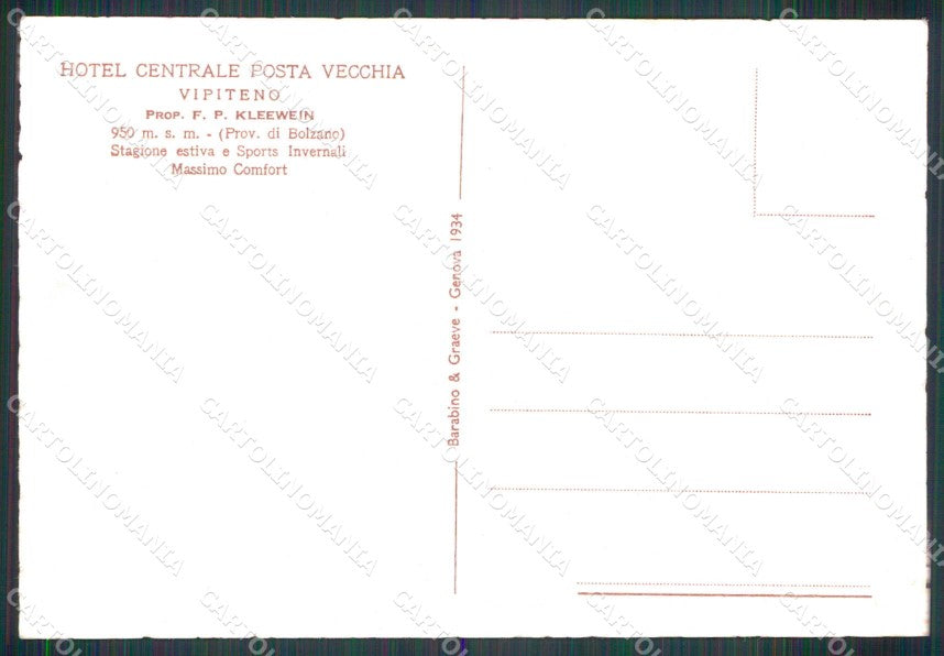 Bolzano Vipiteno Hotel Centrale Posta Vecchia cartolina RT1869 – retro