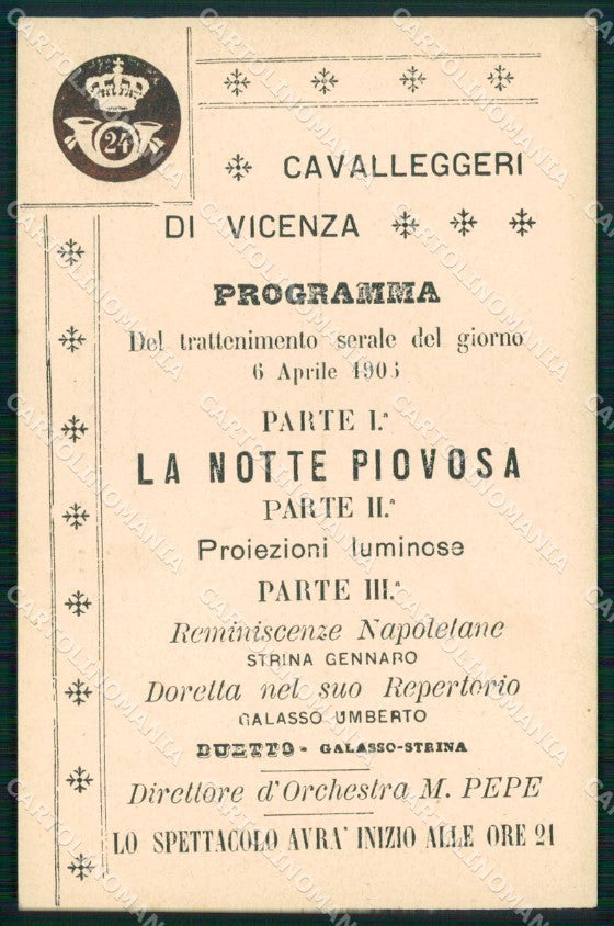 Vicenza Città Reggimento Cavalleggeri Programma Musicale cartolina RT1919 – fronte