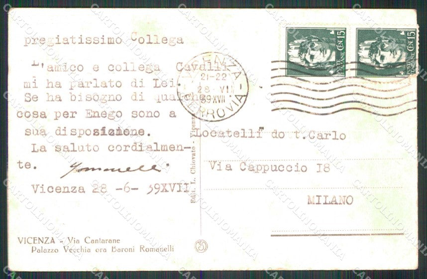 Vicenza Città Via Cantarane Palazzo Baroni Romanelli cartolina RT1960 – retro