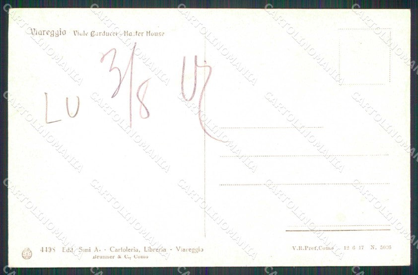 Lucca Viareggio Viale Carducci Haster House Brunner 4498 cartolina RT1985 – retro